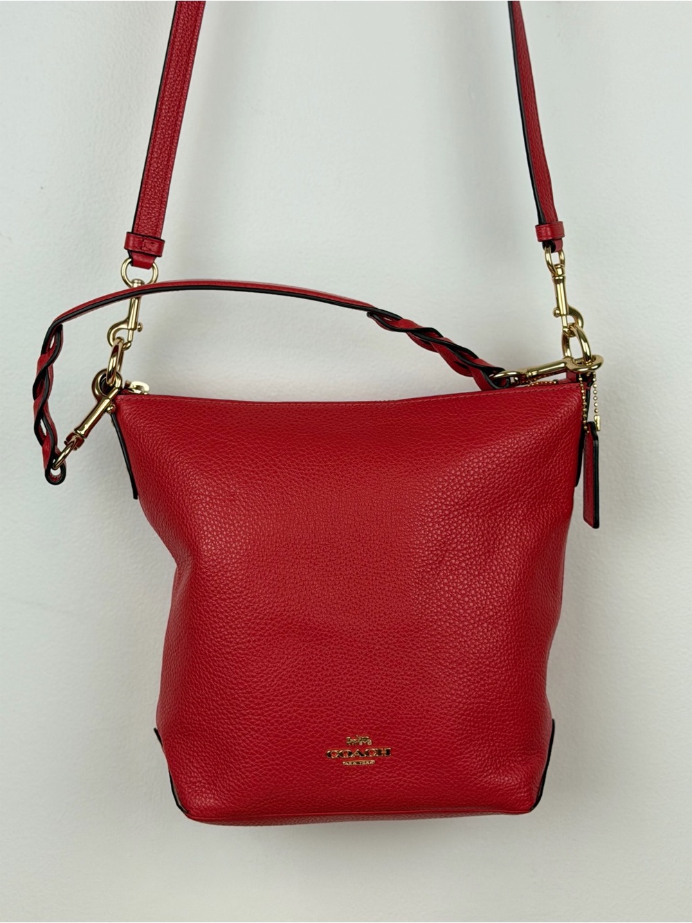 COACH Red Pebbled Leather Mini Abby Duffle Crossbody Bag with Braided Handle
